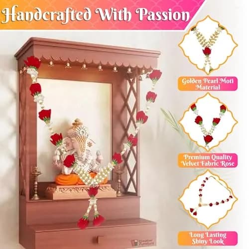 Bhakti Lehar Artificial Velvet Rose Garland 16 Inch | Red & White Gold thumbnail 4