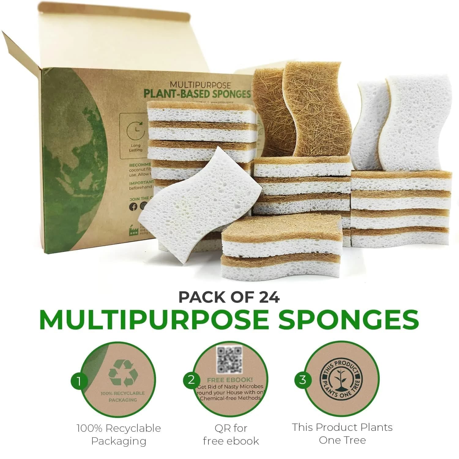 AIRNEX Natural Kitchen Sponges 24 Pack | Biodegradable Cellulose & Coconut Scrubber Utility Sponge - view 3