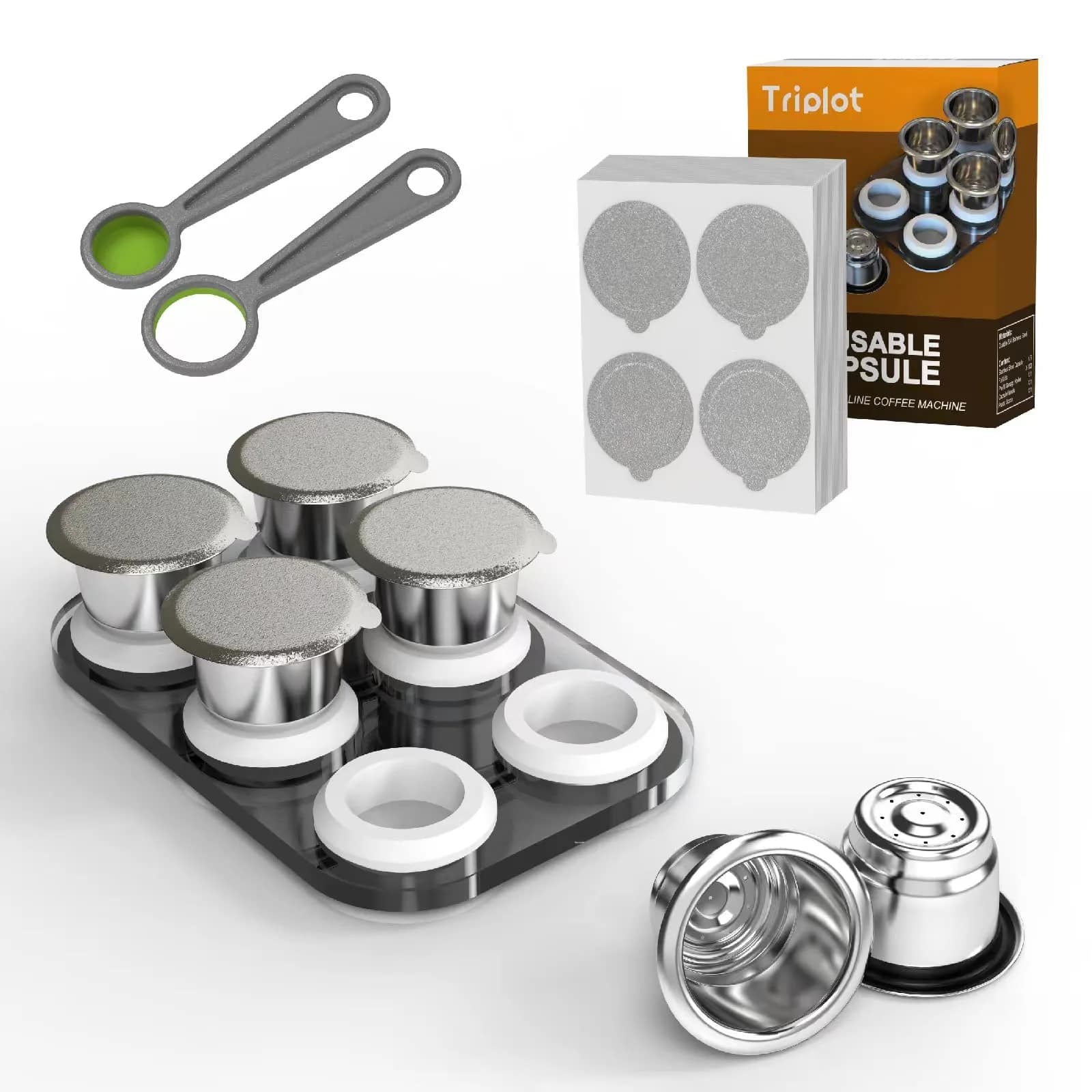 Triplot Refillable Coffee Pods for Nespresso OriginalLine - 6pcs Stainless Steel Capsules | Compatible with Most Nespresso OriginalLine Machines — Stainless steel color+6Pods+100Lids+Tray