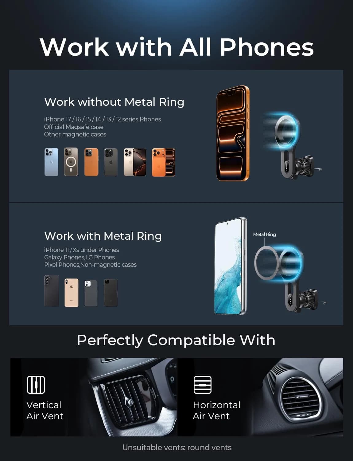 LISEN MagSafe Car Mount for iPhone 17 Pro Max, Black | Super Magnetic Air Vent Phone Holder - view 9