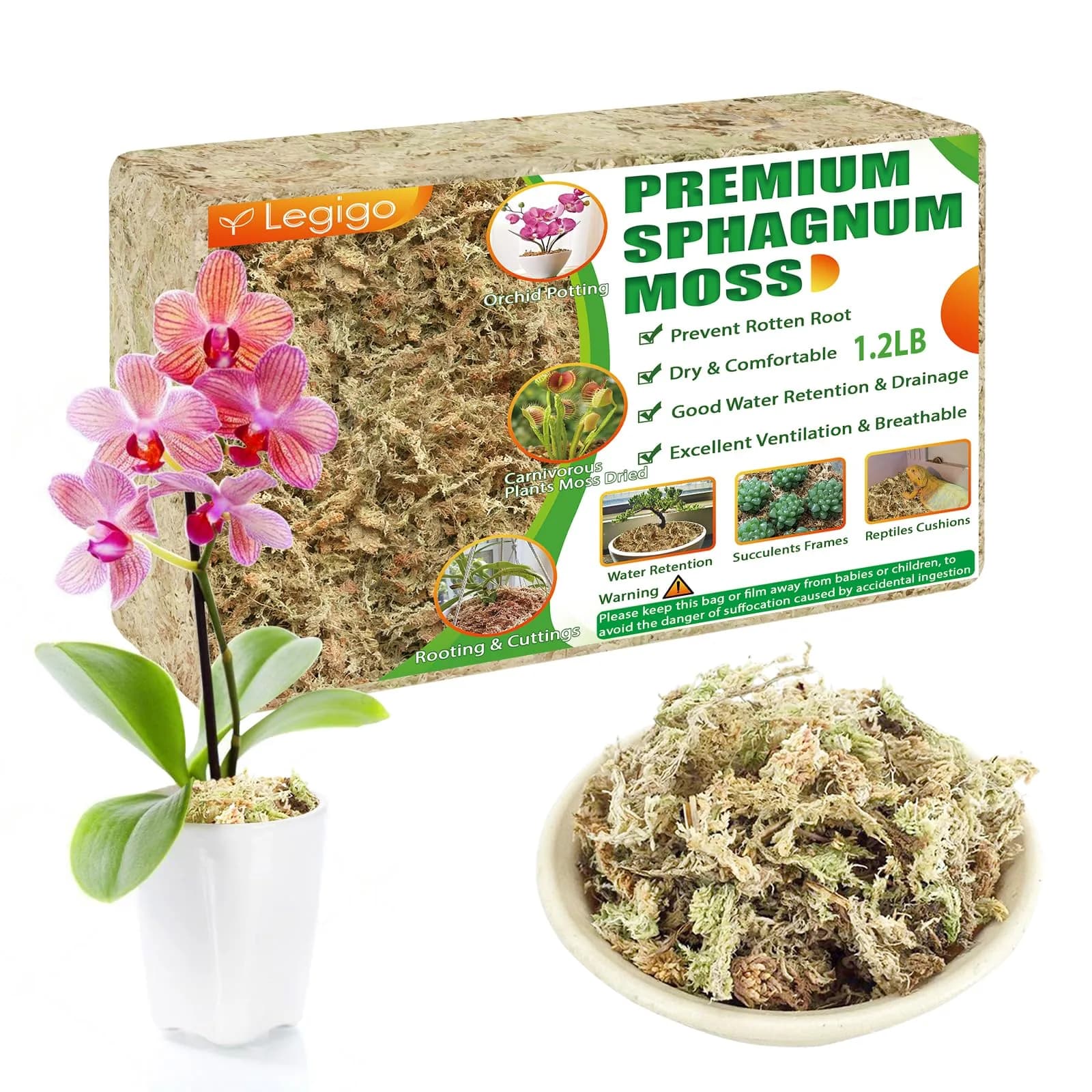 Legigo Premium Sphagnum Moss for Plants — 20 Quarts (Appx. 1.2 lb / 0.5 kg) | Natural Long Fiber Orchid & Succulent Soil - main product image