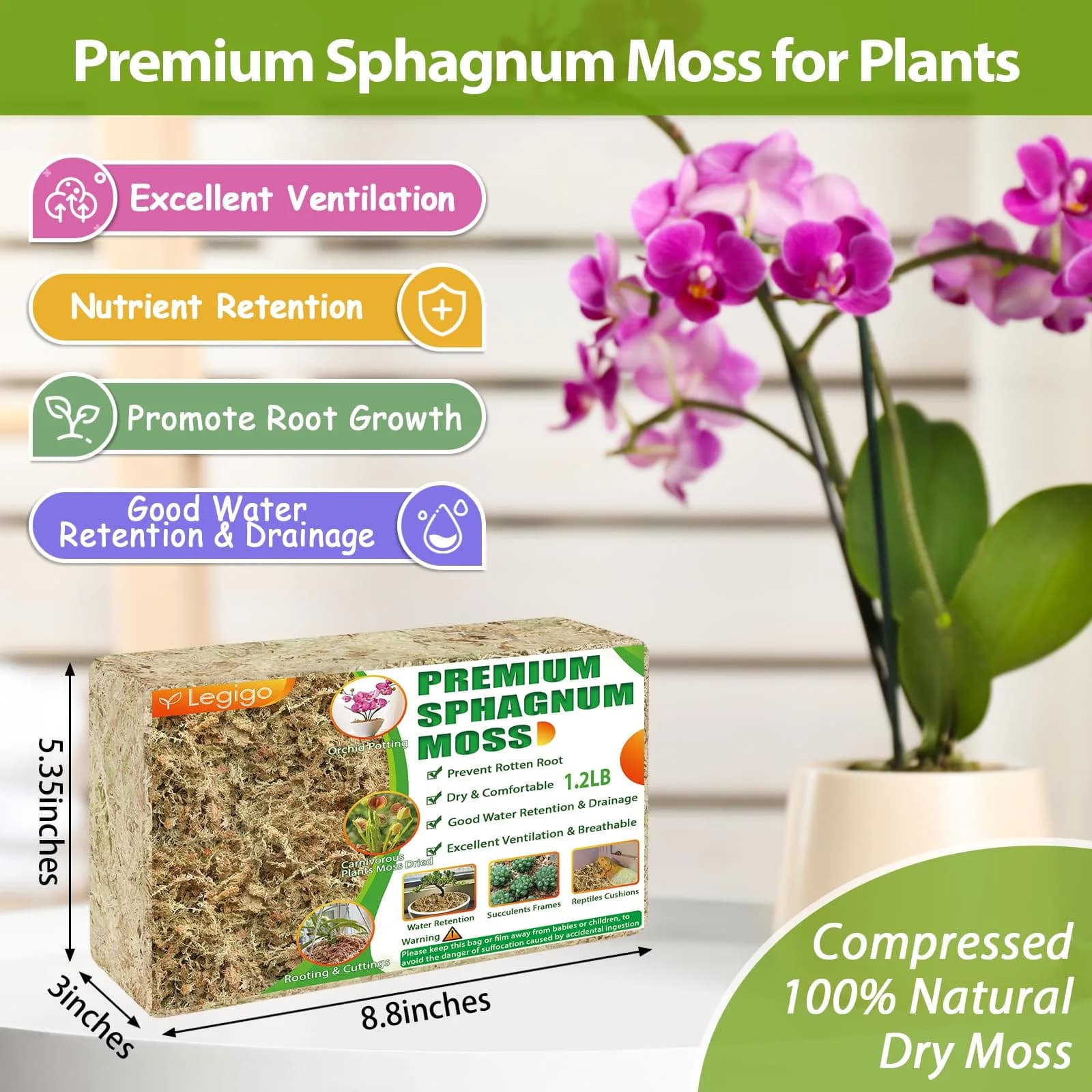 Legigo Premium Sphagnum Moss for Plants — 20 Quarts (Appx. 1.2 lb / 0.5 kg) | Natural Long Fiber Orchid & Succulent Soil - view 2
