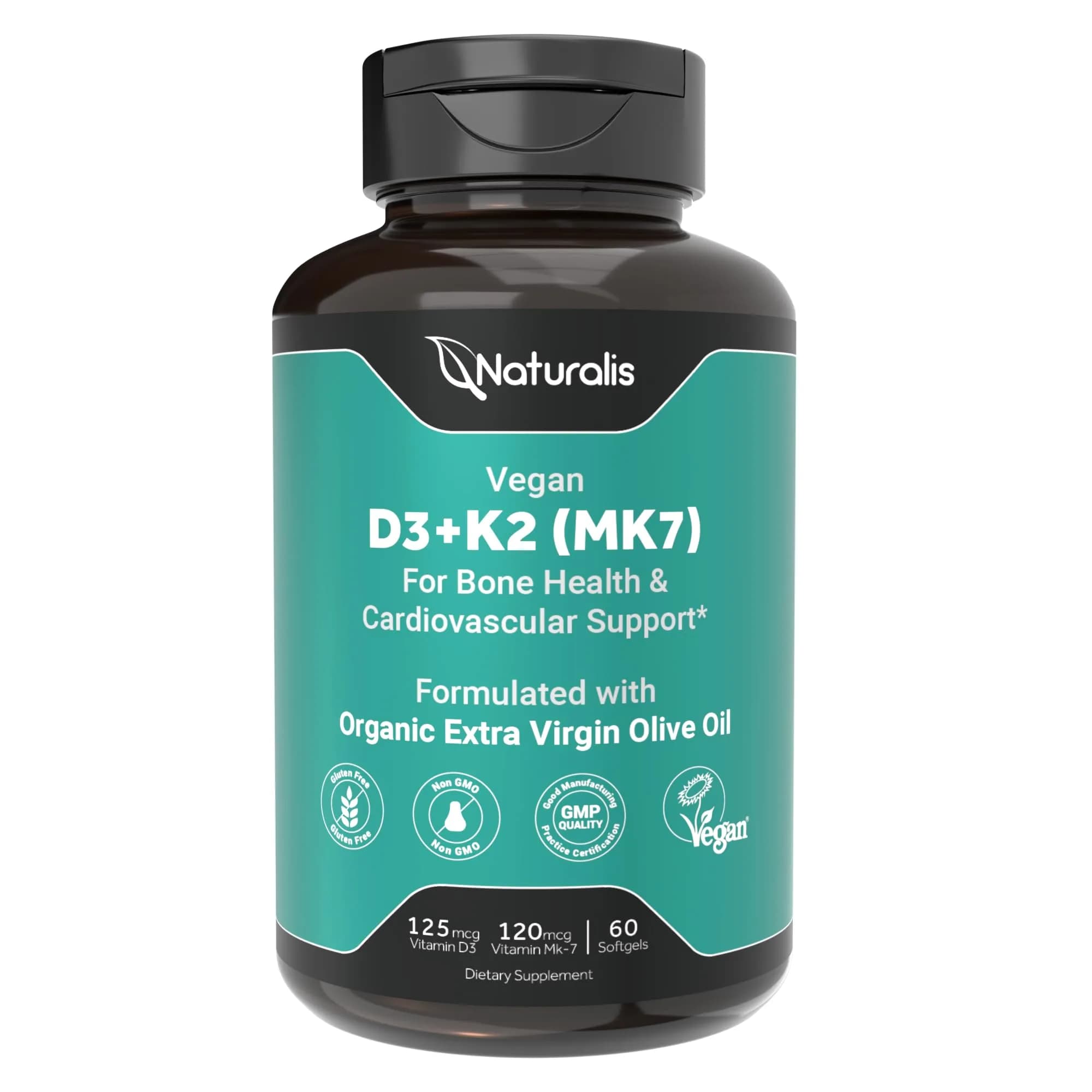 Naturalis Vegan Vitamin D3+K2 from Algae | 5000 IU D3 with 120mcg MK7 | Better Support for Bone & Immune Health* | 60 Softgels - main product image