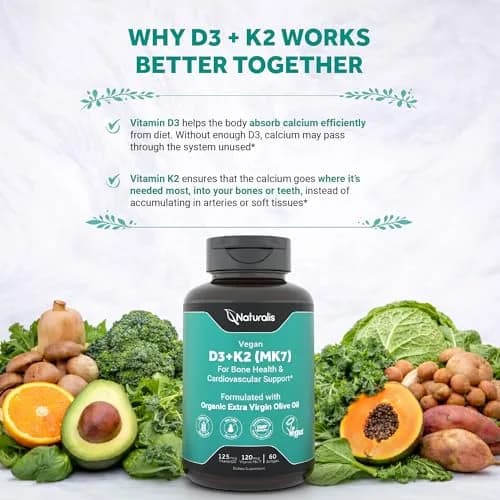 Naturalis Vegan Vitamin D3+K2 from Algae | 5000 IU D3 with 120mcg MK7 | Better Support for Bone & Immune Health* | 60 Softgels thumbnail 5