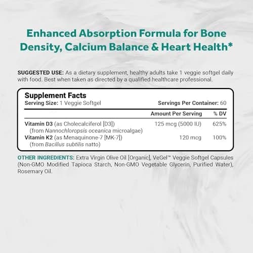 Naturalis Vegan Vitamin D3+K2 from Algae | 5000 IU D3 with 120mcg MK7 | Better Support for Bone & Immune Health* | 60 Softgels thumbnail 2
