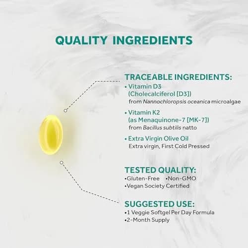 Naturalis Vegan Vitamin D3+K2 from Algae | 5000 IU D3 with 120mcg MK7 | Better Support for Bone & Immune Health* | 60 Softgels thumbnail 3