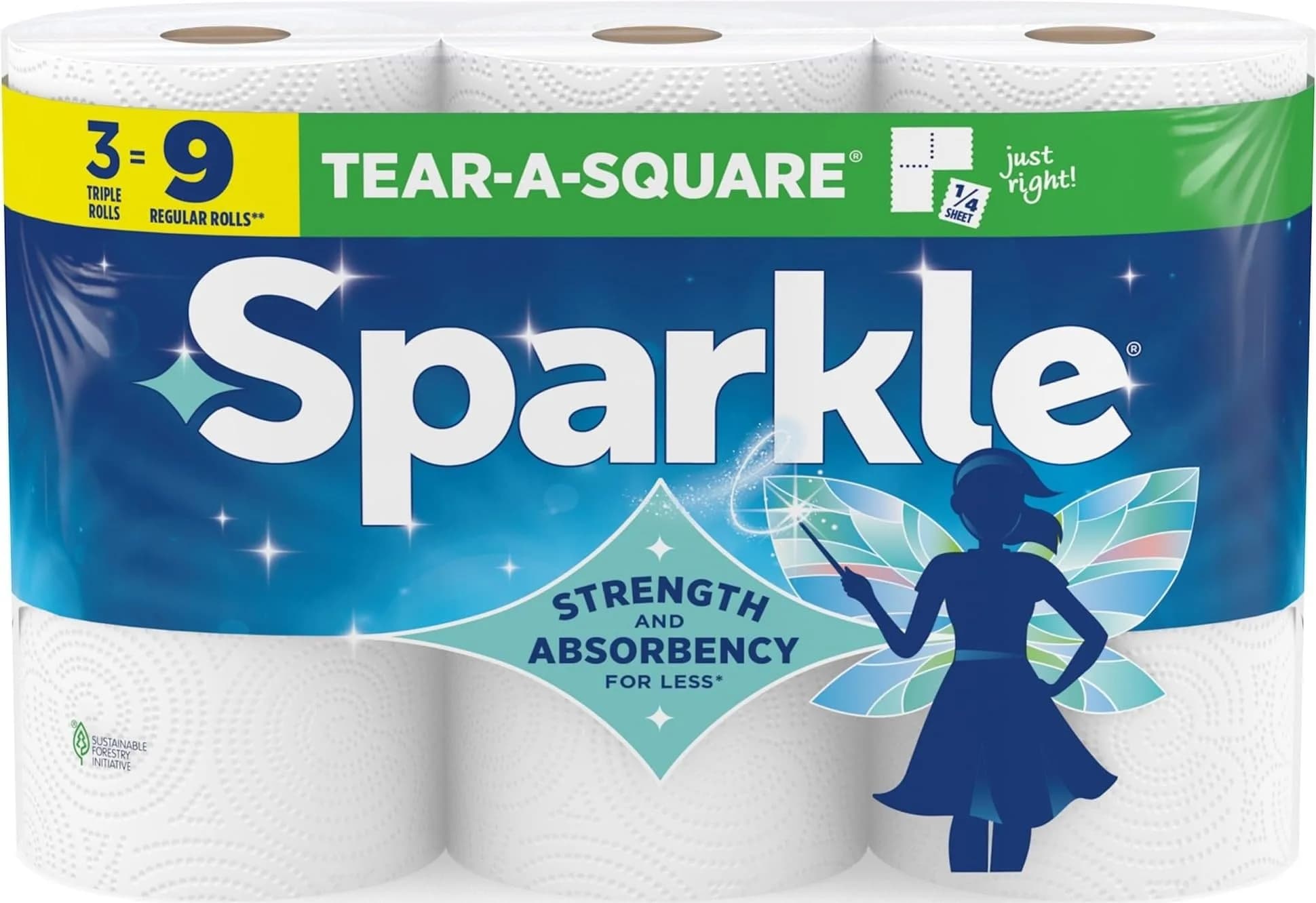 Sparkle Tear-A-Square Kitchen Paper Towels, 3 Triple Rolls (495 Sheets Total) | SFI Certified Sourcing - main product image