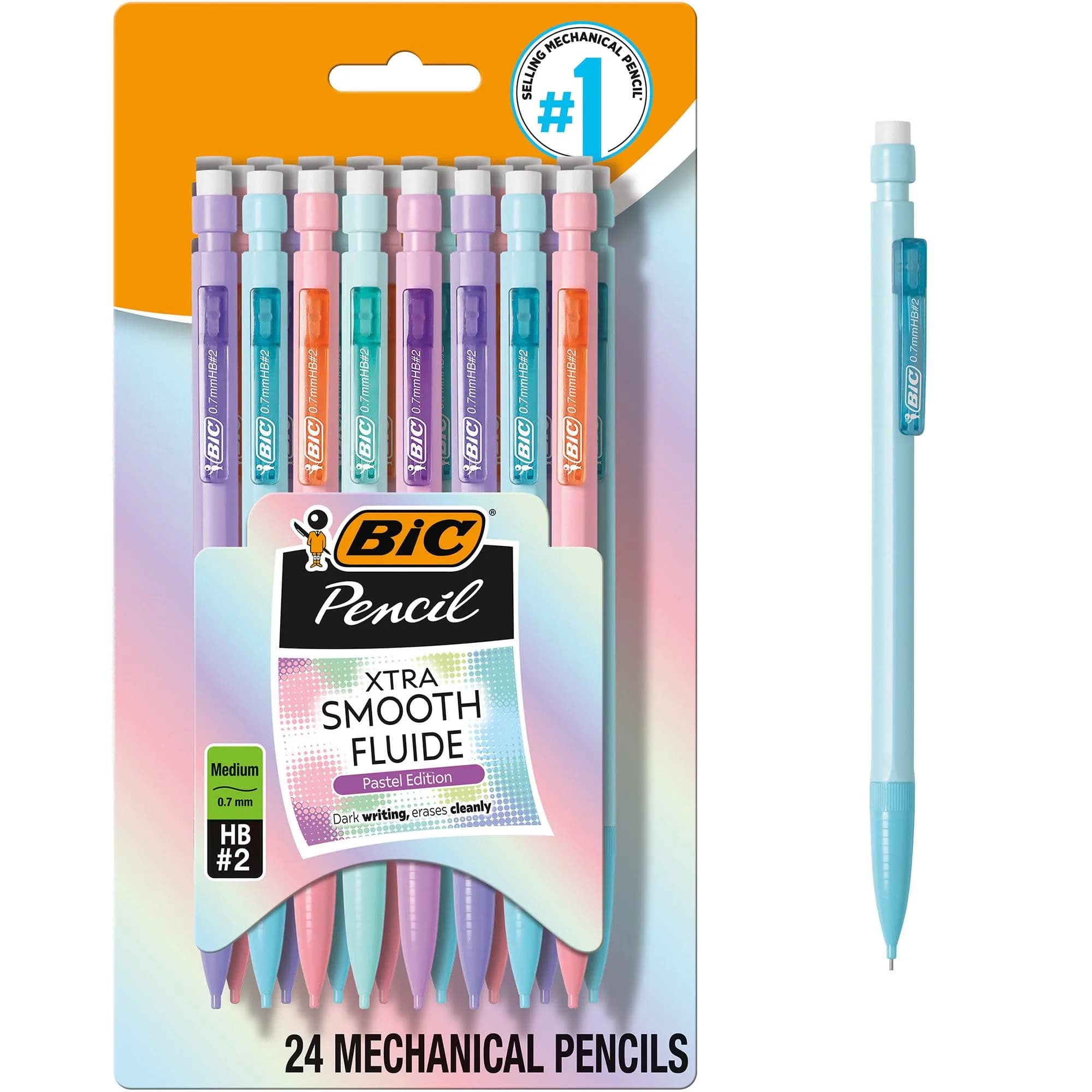 BIC Xtra-Smooth Pastel Mechanical Pencils, Medium Point, 0.7mm, 24-Count Pack | Smooth Writing for Students & Office