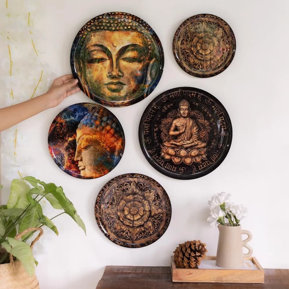RITUALISTIC Oriental Blooms Metal Wall Plates | Floral Wall Decor for Living Room, Bedroom & Hall | Set of 5 Assorted Sizes — Nirvana / Assorted Sizes