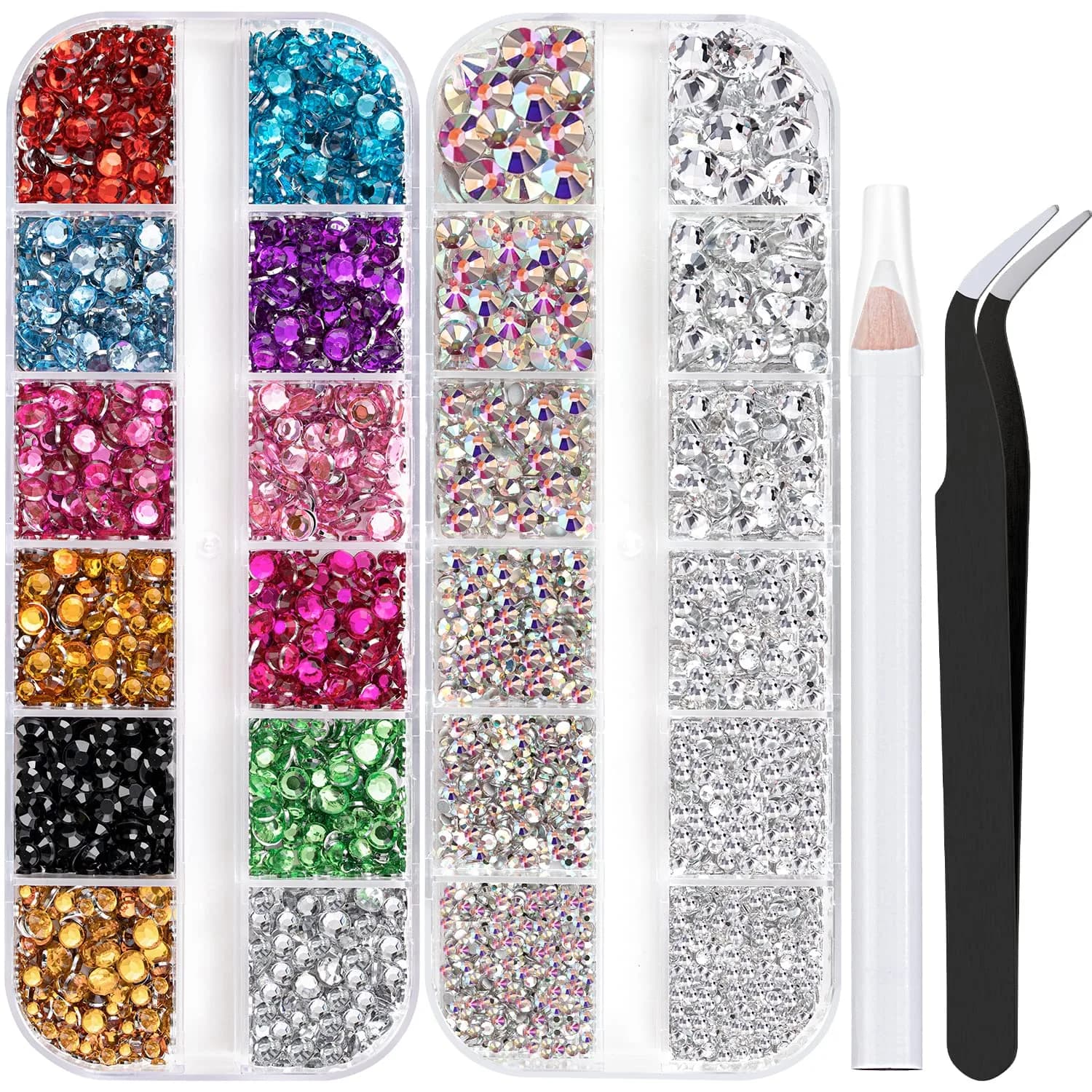 BELLEBOOST 4520 Pcs Nail Art Rhinestones Set with Tools | Crystal Gems for Nails & Crafts — 03-Two Packs of AB & Transparent White & Mixed Color