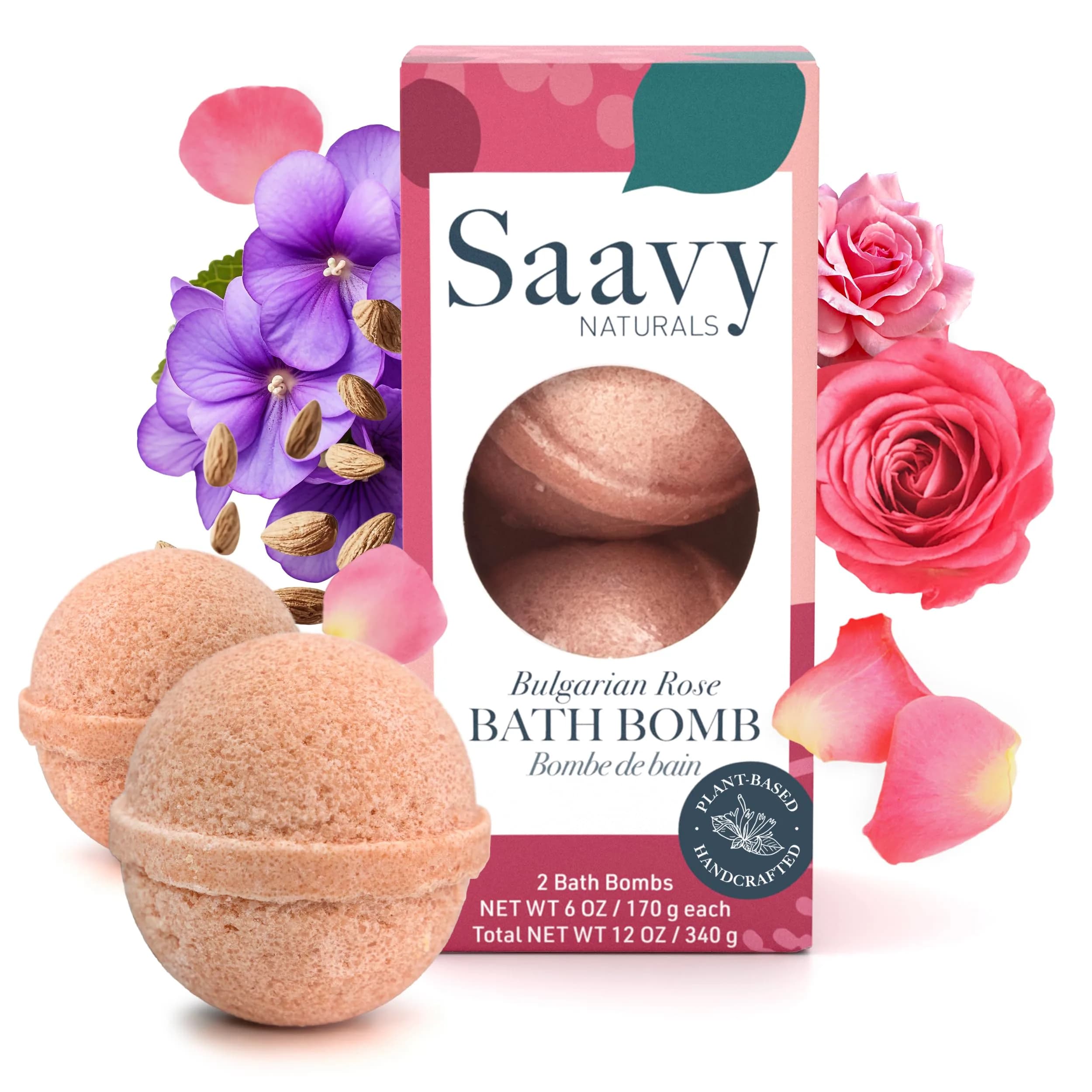 Saavy Naturals Organic Bath Bombs – Relaxing Foaming Fizz, Bulgarian Rose, 12 oz | Gentle for Sensitive Skin