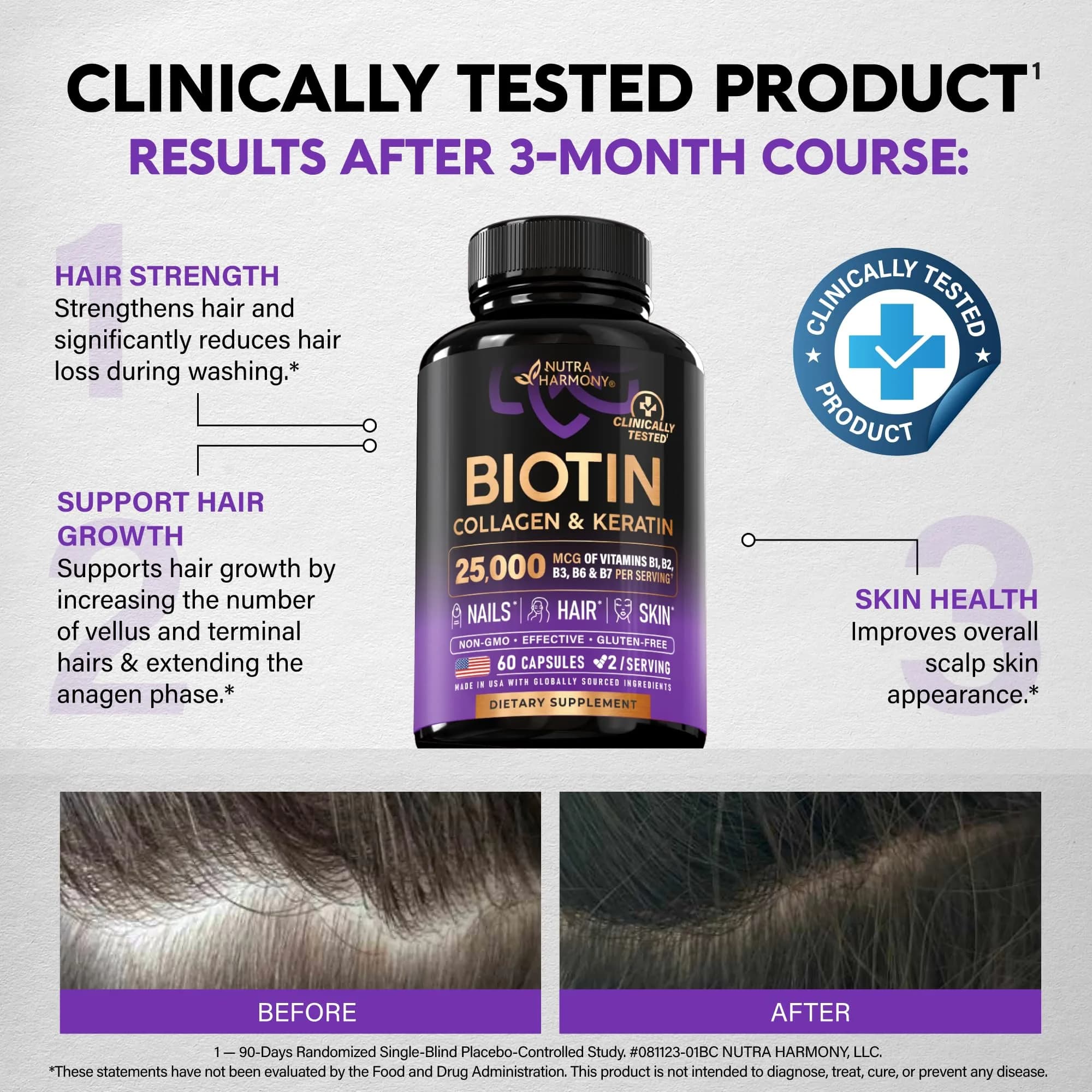 NUTRAHARMONY Biotin Collagen Hyaluronic Acid Keratin Capsules 60 Count | Clinically Tested Hair Growth Support - view 3