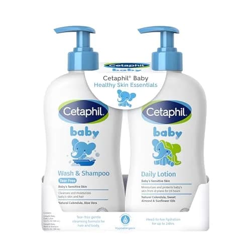 Cetaphil Baby Wash & Shampoo Plus Daily Lotion, Healthy Skin Essentials, 2 x 13.5 fl oz | 24-Hour Hydration for Delicate Skin - main product image