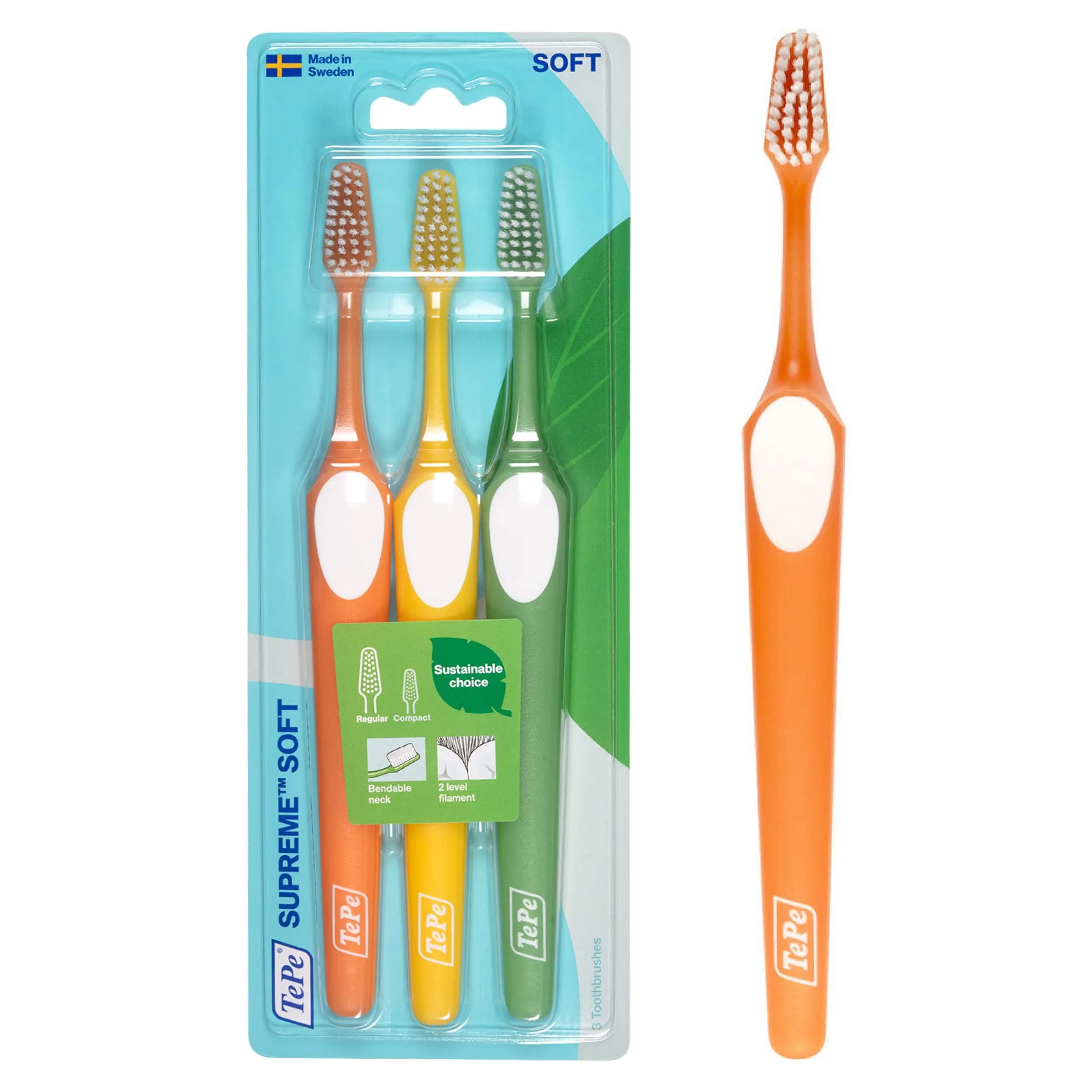 TePe Supreme Toothbrush Soft Bristle 3 Pack | Dual Height Filaments for Sensitive Teeth - main product image