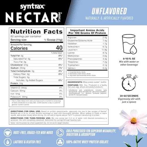 Syntrax Nectar Medical, Pure Whey Isolate Protein Powder, Unflavored, 2 lb | Native whey, lactose & gluten free, 10g protein thumbnail 2