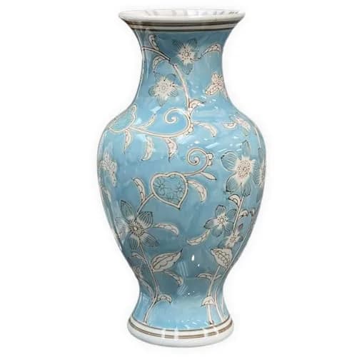 Galt International Light Blue and White Flower & Heart Chinoiserie Ceramic Vase 14" | Elegant Antique Style Home Decor thumbnail 1
