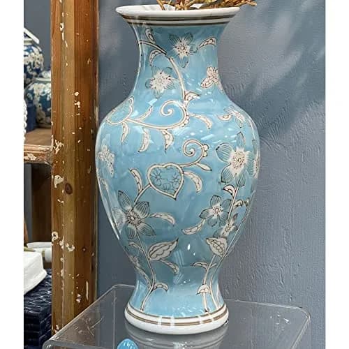 Galt International Light Blue and White Flower & Heart Chinoiserie Ceramic Vase 14" | Elegant Antique Style Home Decor thumbnail 5