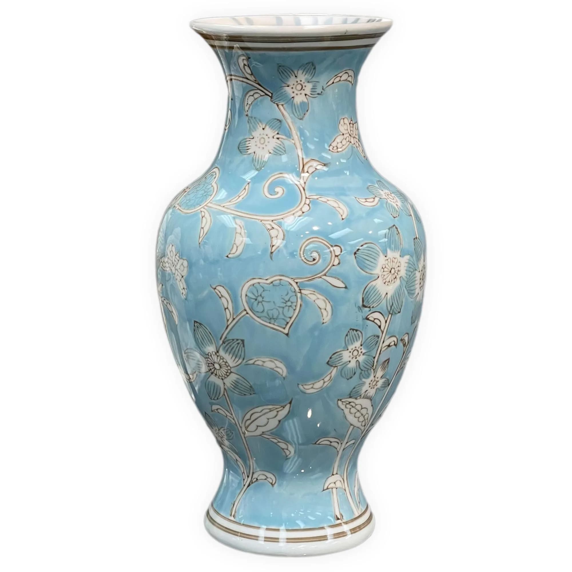 Galt International Light Blue and White Flower & Heart Chinoiserie Ceramic Vase 14" | Elegant Antique Style Home Decor