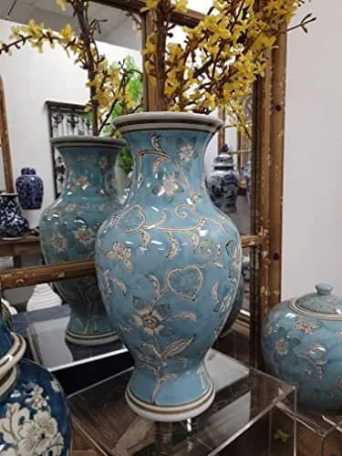 Galt International Light Blue and White Flower & Heart Chinoiserie Ceramic Vase 14" | Elegant Antique Style Home Decor thumbnail 3