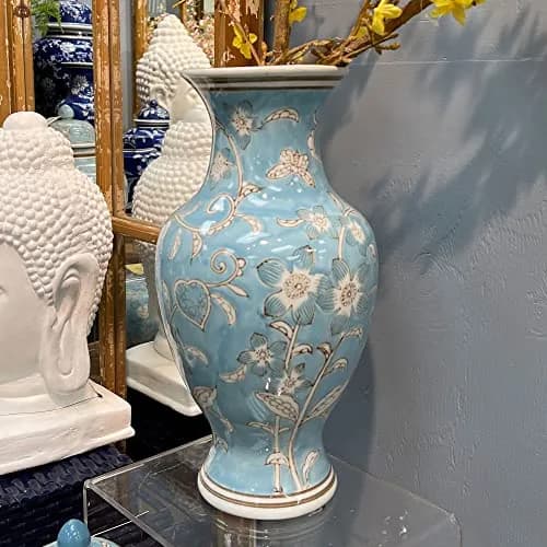 Galt International Light Blue and White Flower & Heart Chinoiserie Ceramic Vase 14" | Elegant Antique Style Home Decor thumbnail 4