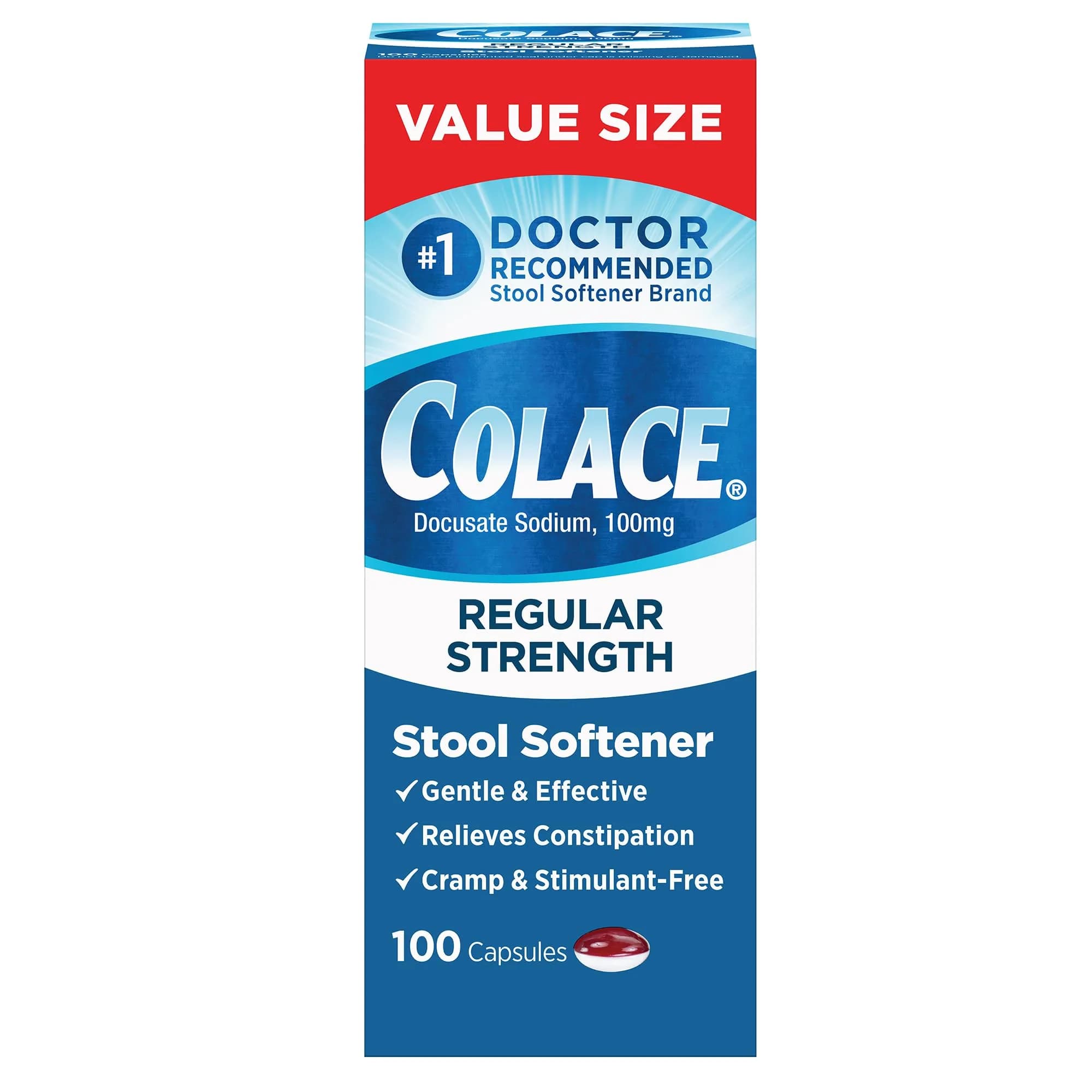 Colace Stool Softener Constipation Relief Capsules 100 mg (100 Count) | Gentle, Stimulant-Free Relief