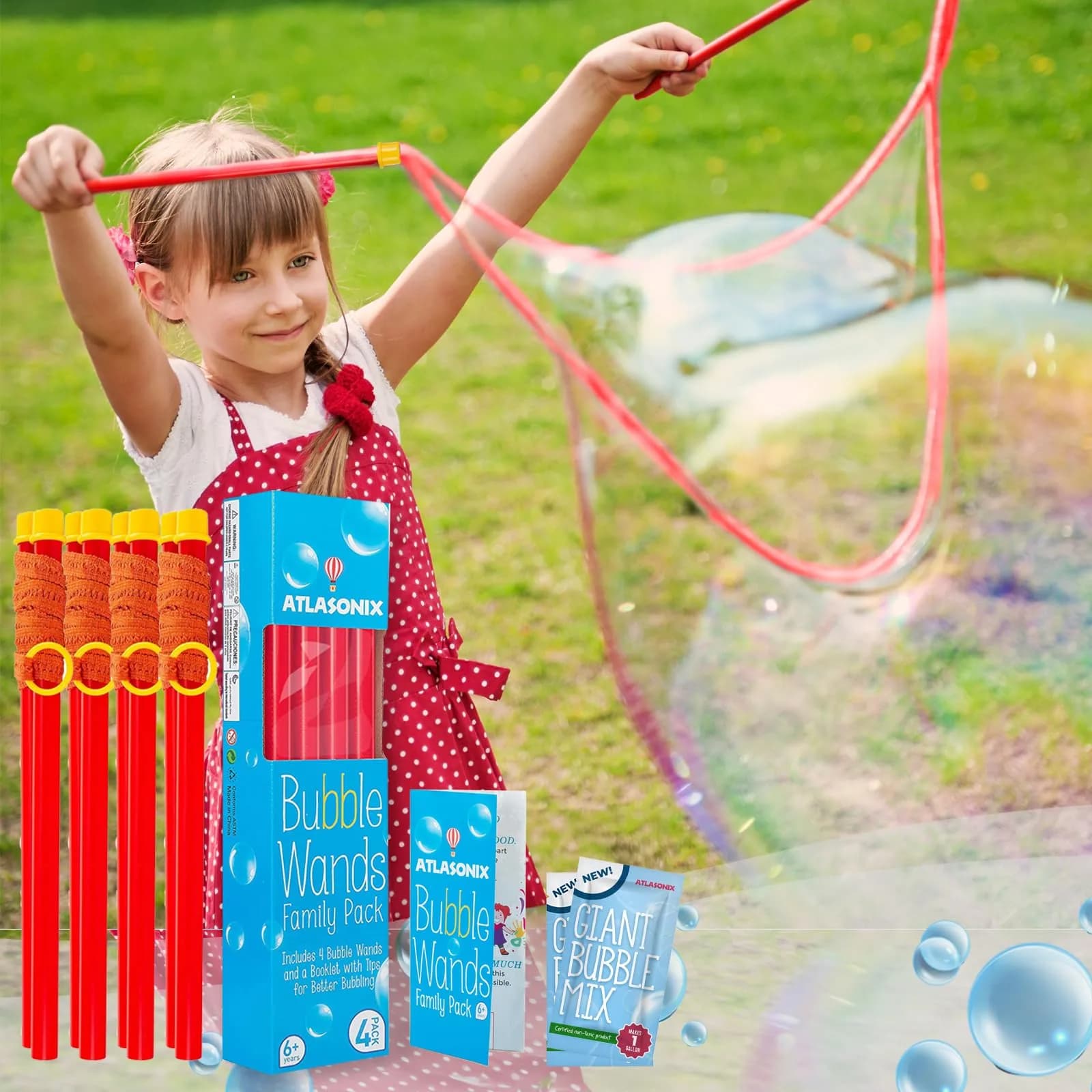 Atlasonix Giant Bubble Wand Set with 2 Gallons Bubble Solution Powder | Non-Toxic & Easy to Use for Kids Ages 3+ - main product image