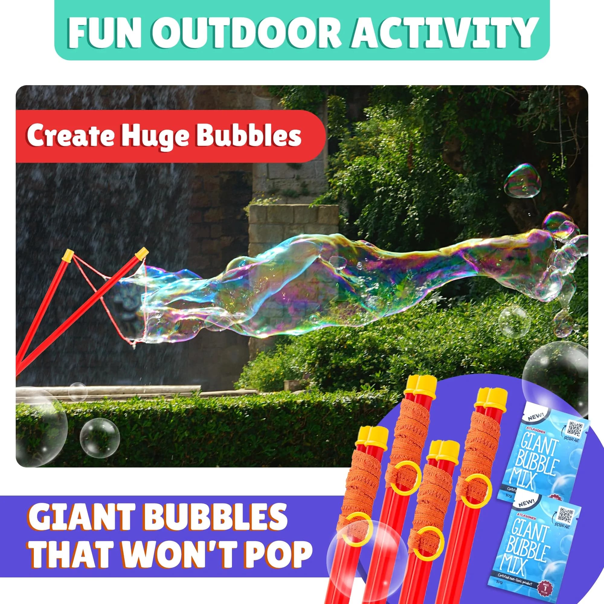 Atlasonix Giant Bubble Wand Set with 2 Gallons Bubble Solution Powder | Non-Toxic & Easy to Use for Kids Ages 3+ - view 7