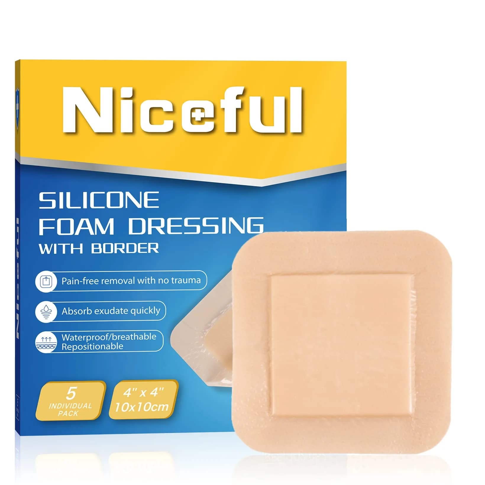 Niceful Silicone Foam Dressing 4"x4" (2.5"x2.5" Pad), 5 Pcs | High Absorbency Wound Care with Border Adhesive - main product image