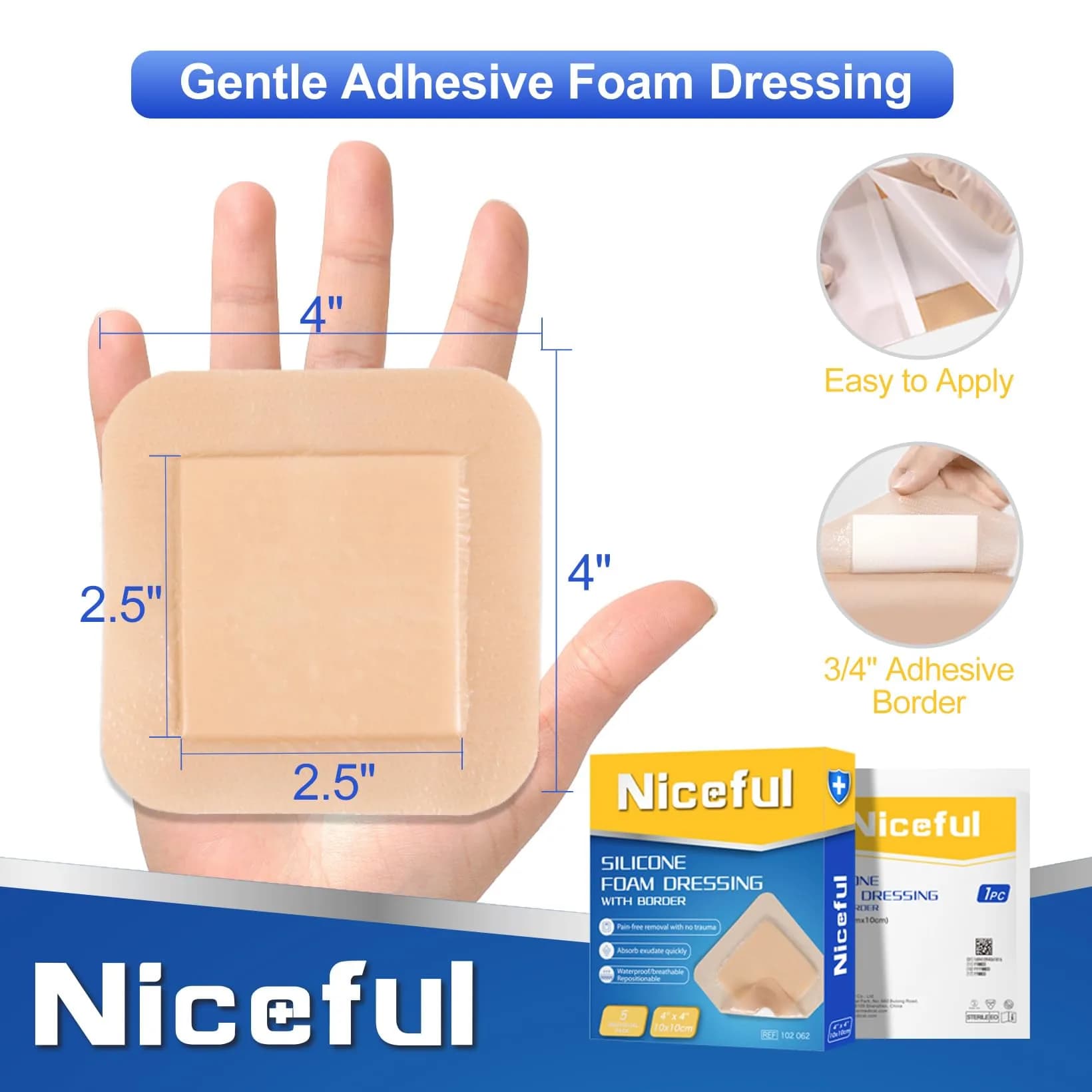 Niceful Silicone Foam Dressing 4"x4" (2.5"x2.5" Pad), 5 Pcs | High Absorbency Wound Care with Border Adhesive - view 3