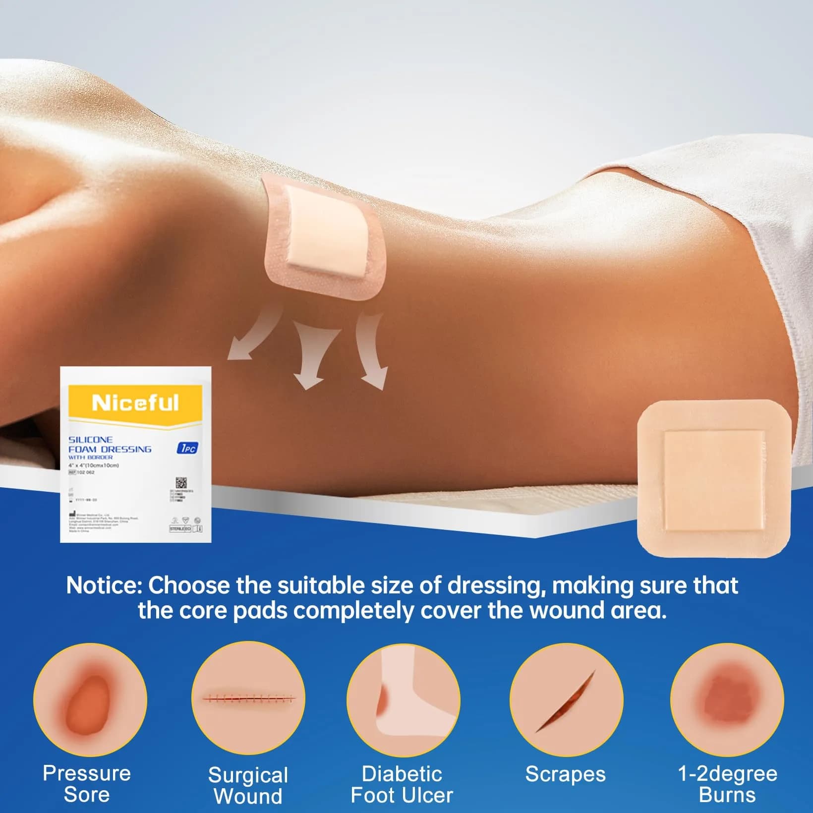 Niceful Silicone Foam Dressing 4"x4" (2.5"x2.5" Pad), 5 Pcs | High Absorbency Wound Care with Border Adhesive - view 4