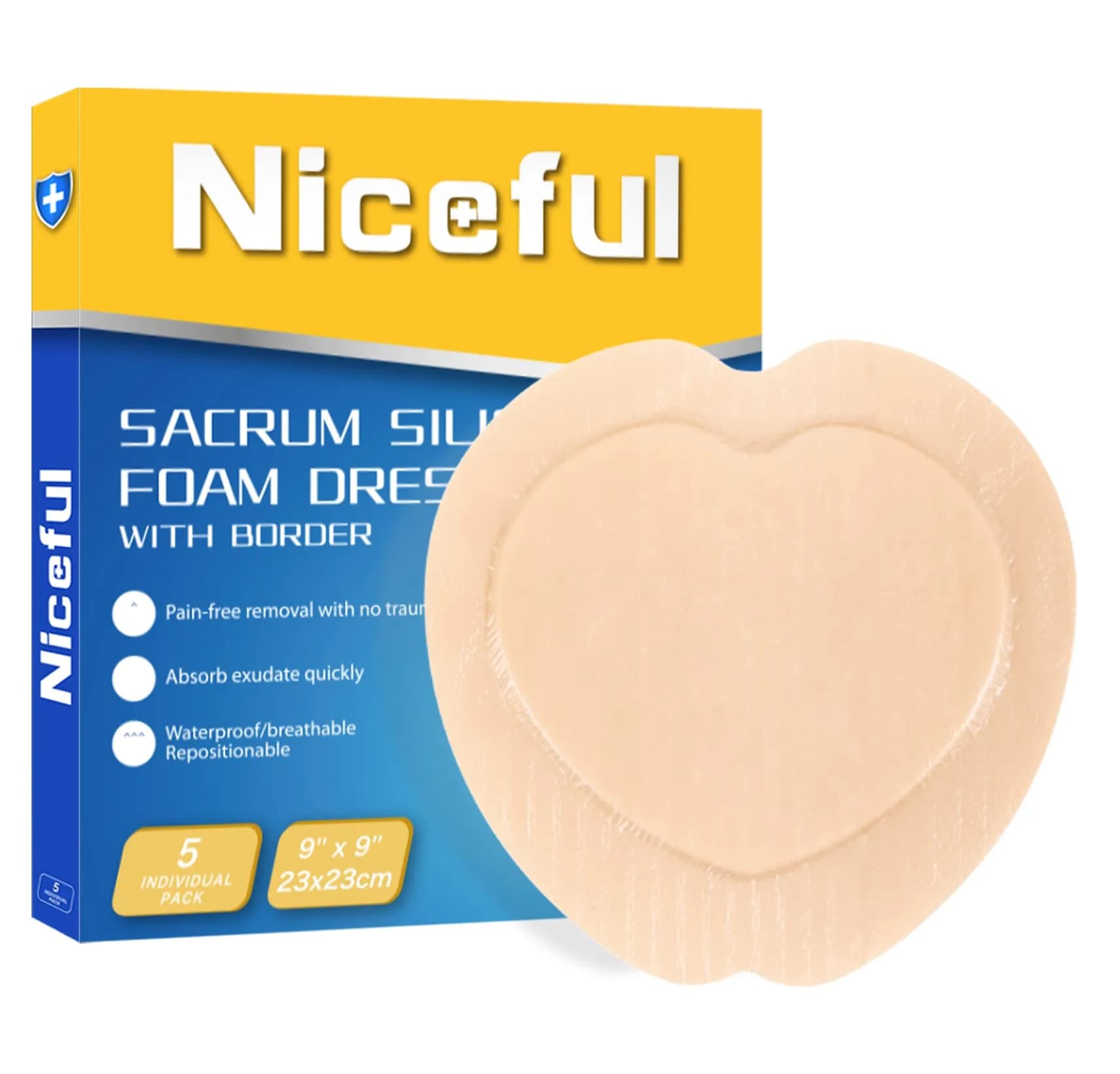 Niceful Sacral Silicone Foam Dressing 9"x9" (5 Count) | Moist Healing for Sacrum Ulcers - main product image