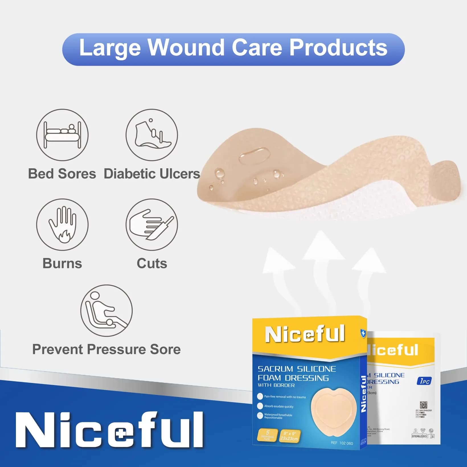 Niceful Sacral Silicone Foam Dressing 9"x9" (5 Count) | Moist Healing for Sacrum Ulcers - view 4