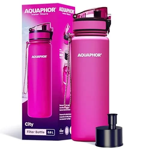 AQUAPHOR City Water Filter Bottle 17 oz | Reusable & Portable Filtered Water Bottle | BPA-Free | Pink thumbnail 1