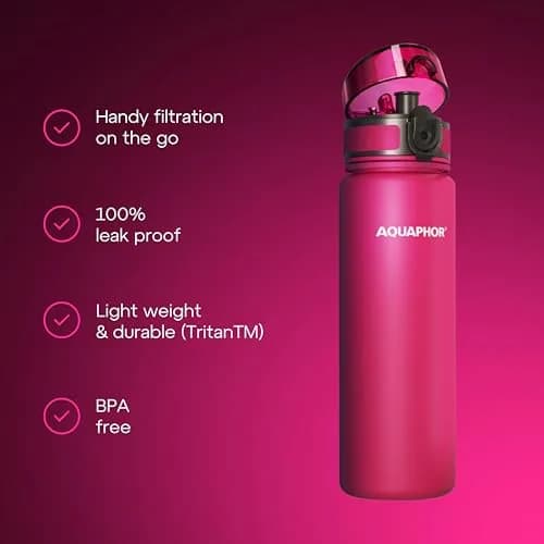 AQUAPHOR City Water Filter Bottle 17 oz | Reusable & Portable Filtered Water Bottle | BPA-Free | Pink thumbnail 3