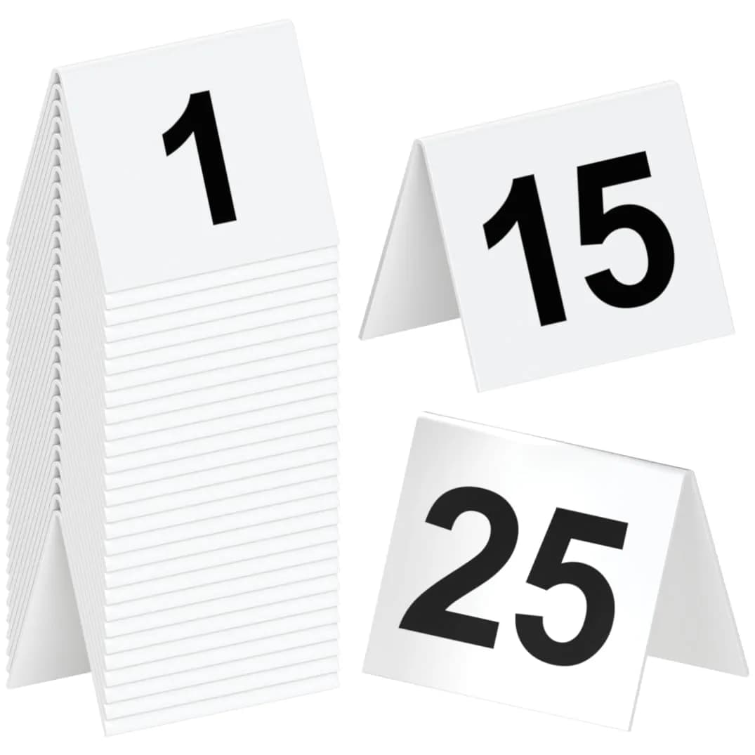 Tapix Restaurant Table Numbers 1-25 White | Durable Plastic Tent Markers for Events — 1-25