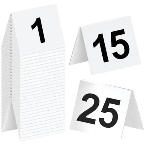 Tapix Restaurant Table Numbers 1-25 White | Durable Plastic Tent Markers for Events thumbnail 1