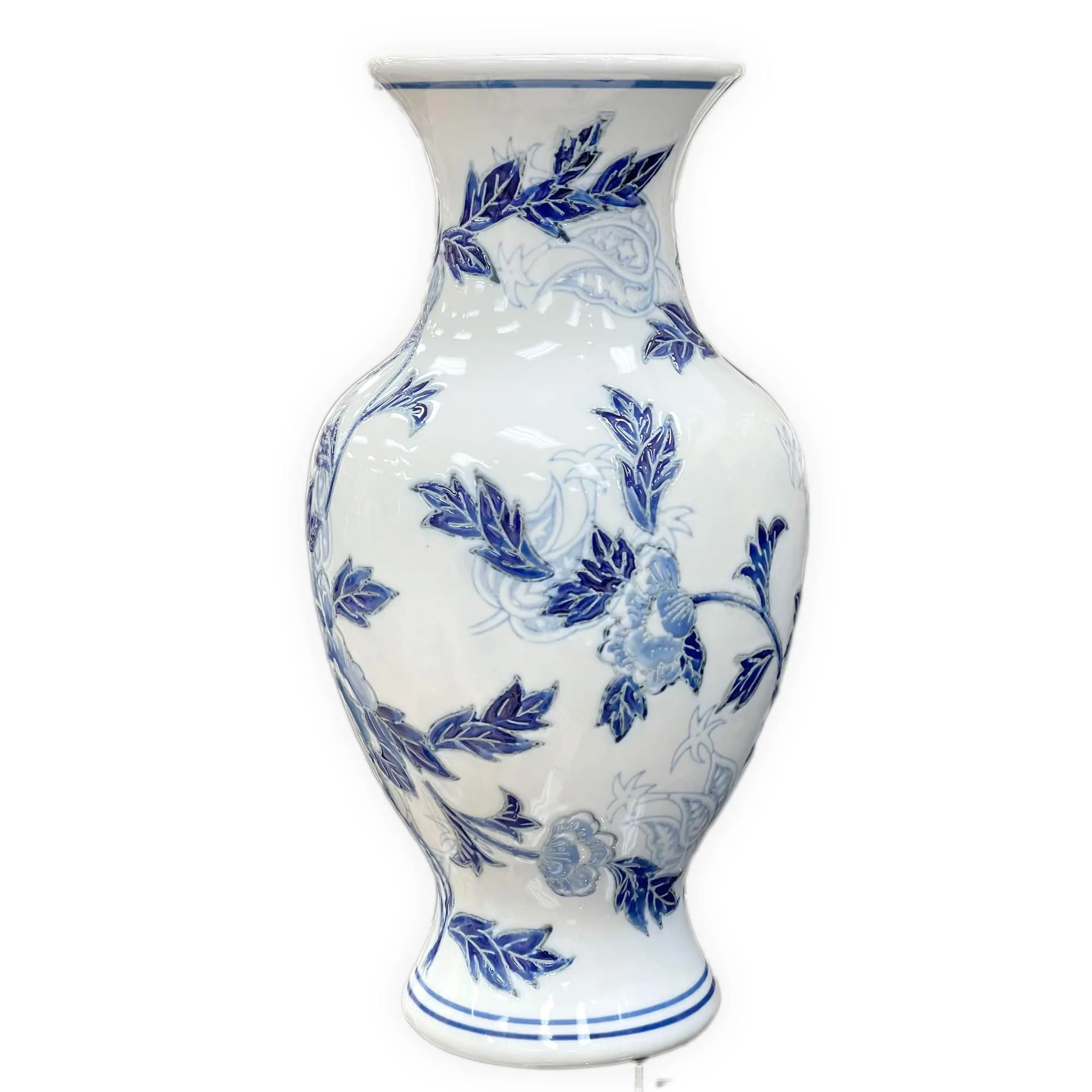 Galt International Light Blue and White Flower & Heart Chinoiserie Ceramic Vase 14" | Elegant Antique Style Home Decor — Blue & White