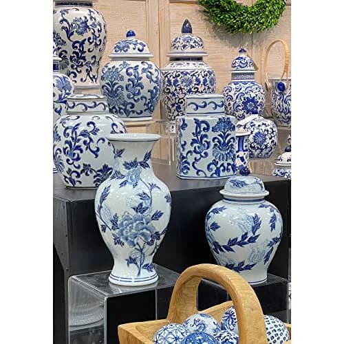 Galt International Blue & White Floral Chinoiserie Ceramic Vase 14" | Hand Painted Antique Style thumbnail 4