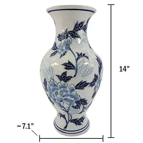 Galt International Blue & White Floral Chinoiserie Ceramic Vase 14" | Hand Painted Antique Style thumbnail 6