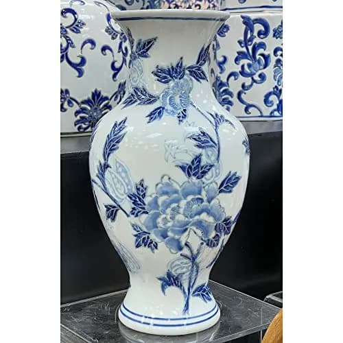 Galt International Blue & White Floral Chinoiserie Ceramic Vase 14" | Hand Painted Antique Style thumbnail 2