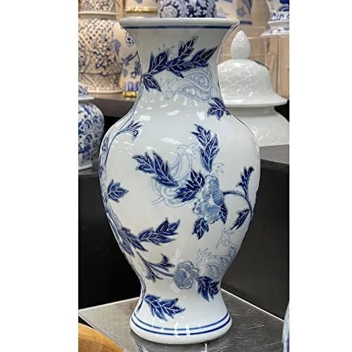 Galt International Blue & White Floral Chinoiserie Ceramic Vase 14" | Hand Painted Antique Style thumbnail 3