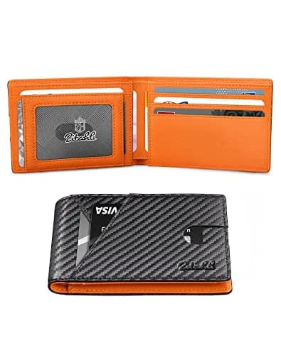 Zitahli Slim RFID Leather Bifold Wallet for Men, Carbon Black & Orange | 11.2 cm (4.4 in) x 8 cm (3.1 in) x 1.3 cm (0.5 in) thumbnail 1