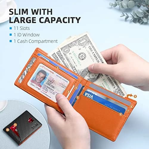 Zitahli Slim RFID Leather Bifold Wallet for Men, Carbon Black & Orange | 11.2 cm (4.4 in) x 8 cm (3.1 in) x 1.3 cm (0.5 in) thumbnail 3