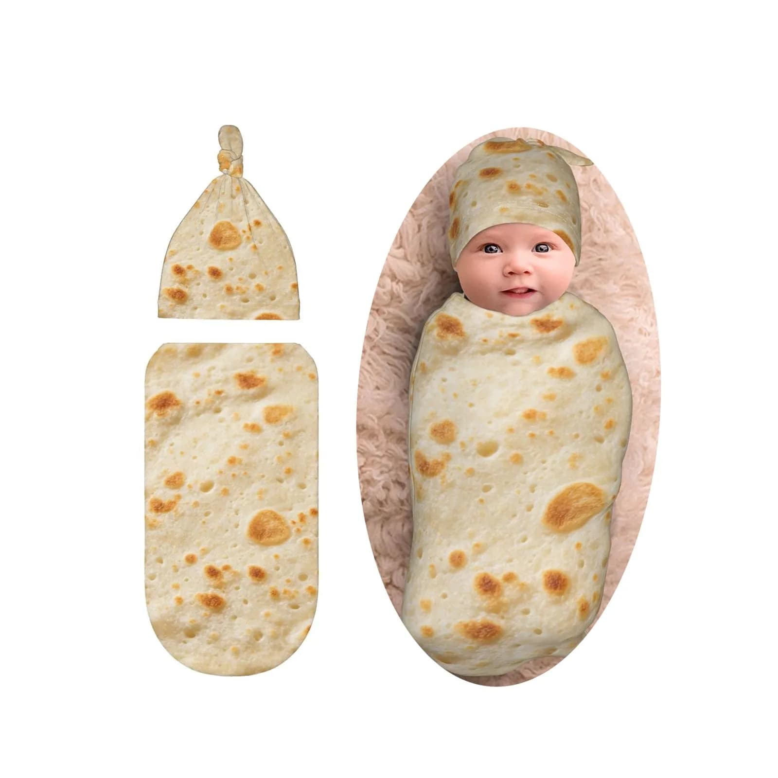 Osvbs Burrito Taco Tortilla Newborn Swaddle Blanket with Beanie Set | Soft & Stretchy for 0-6 Months — Burritos Tortilla