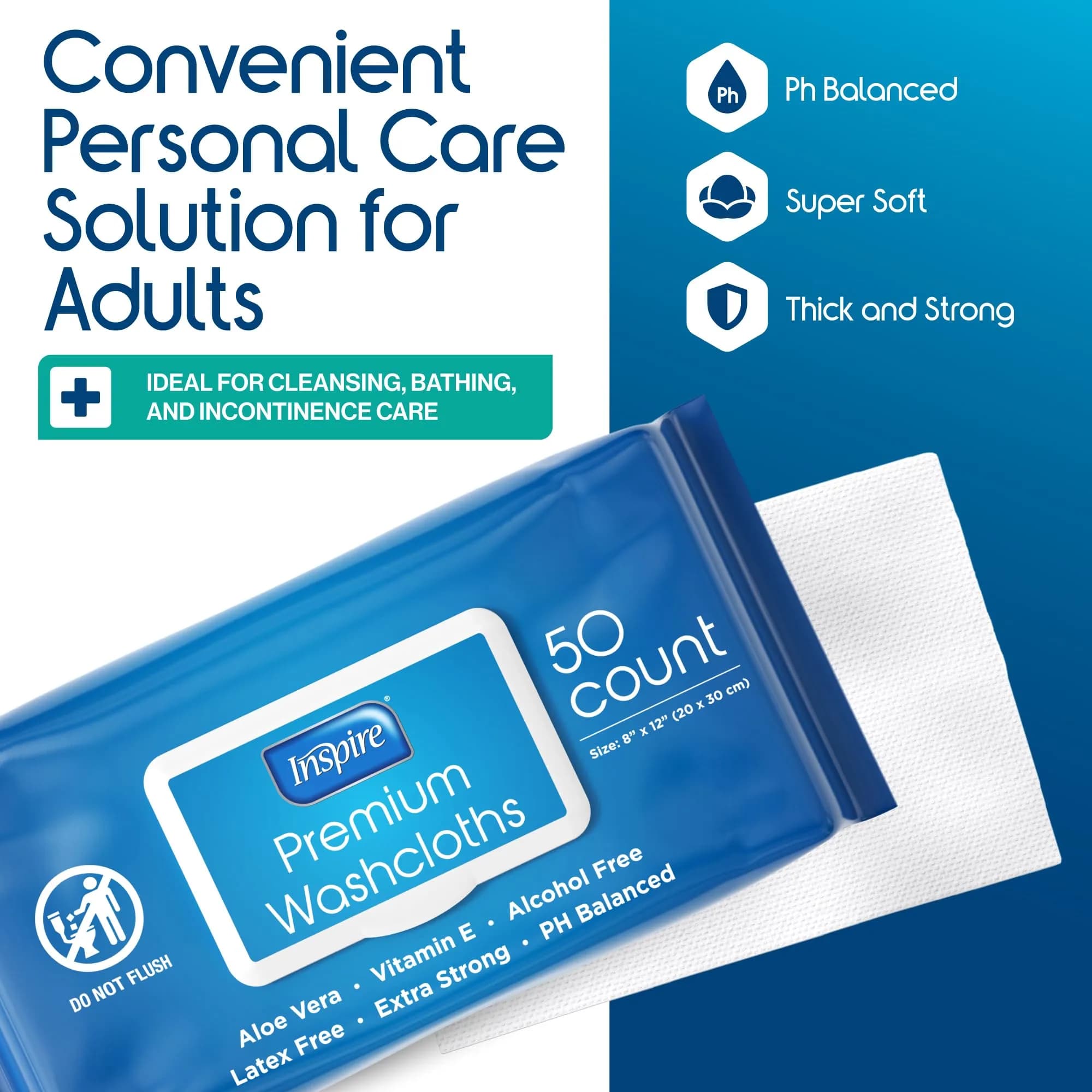 Inspire Adult Wet Wipes, Wash Cloths 50 Count (Pack of 1) | Hypoallergenic & Aloe Vera Infused for Sensitive Skin - view 2