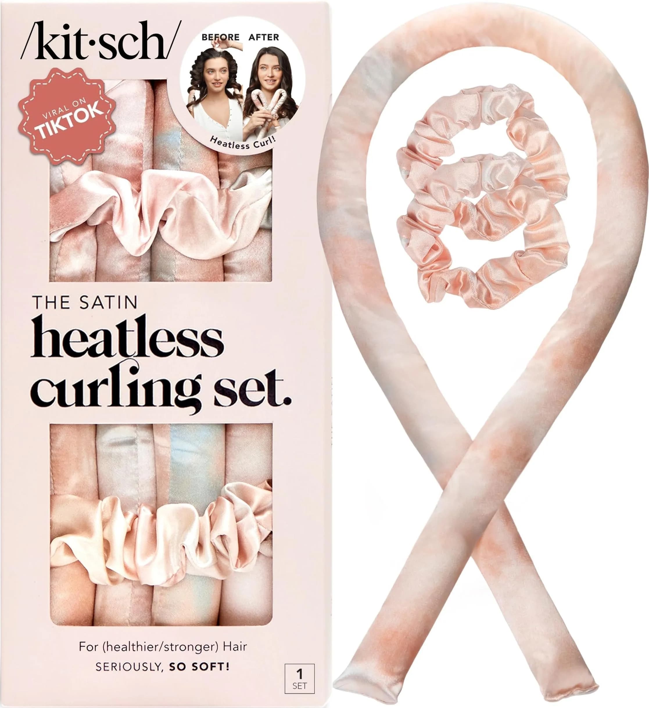 Kitsch Satin Heatless Curls Overnight Set - Charcoal | 86cm (34") Heatless Curling Rod & 2 Satin Scrunchies — 01 Sunset Tie Dye