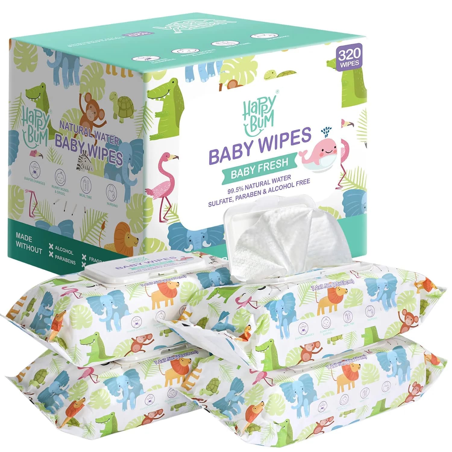HAPPY BUM Baby Wet Wipes Unscented 320 Count | Gentle on Sensitive Skin, Extra Large Size — Wipes