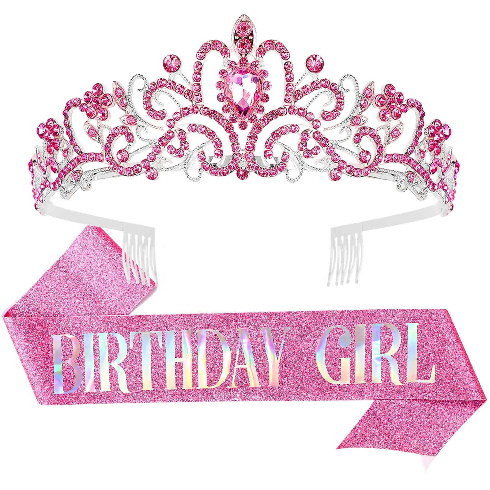 COCIDE Birthday Sash & Tiara Set - Rhinestone Tiara & Silver Glitter Sash for Women's Birth Party, 33 inches sash, 12.5 cm tiara — Pink Tiara + Pink Sash