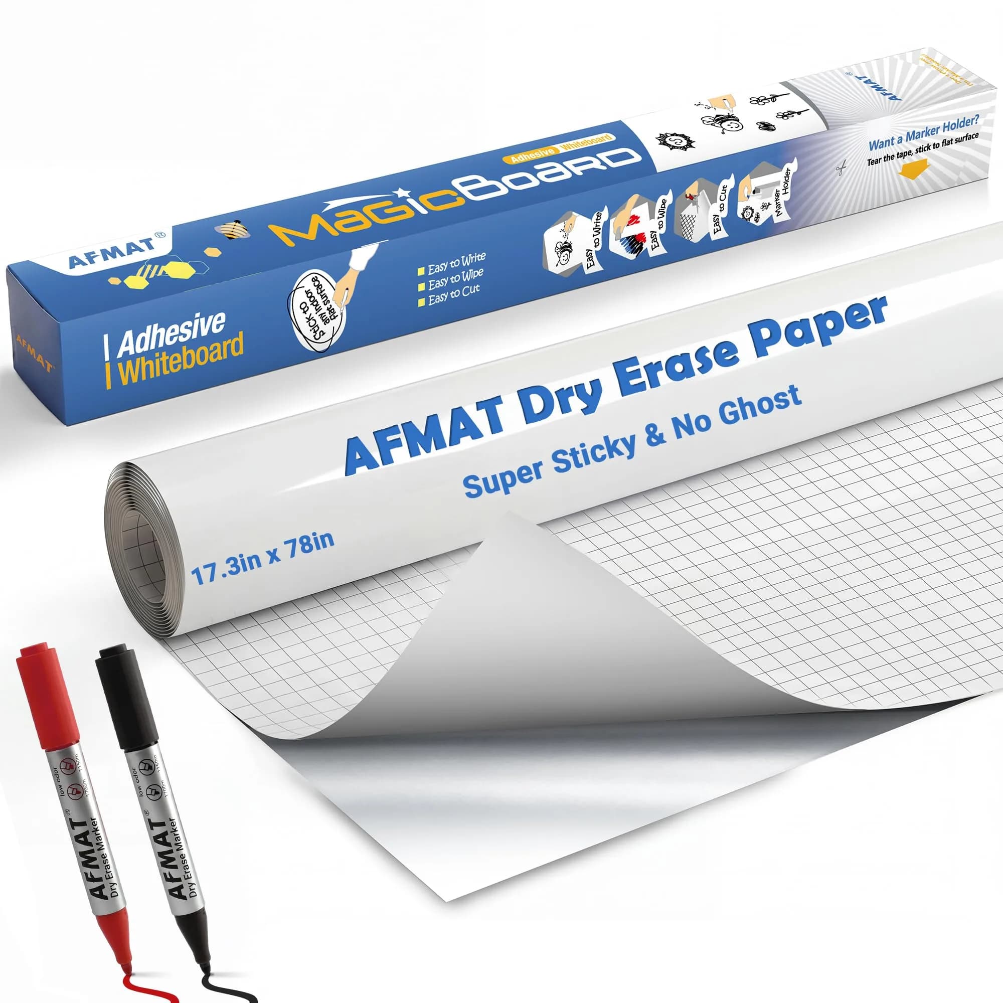AFMAT Whiteboard Sticker 17.3" x 78" | No Ghost, Peel & Stick Dry Erase Wallpaper — 17"W x 78"H