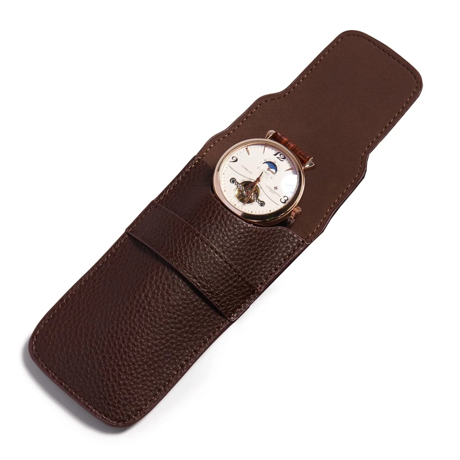 Woodten Brown PU Leather Watch Pouch | Slim Travel Storage Bag for Jewelry & Watches